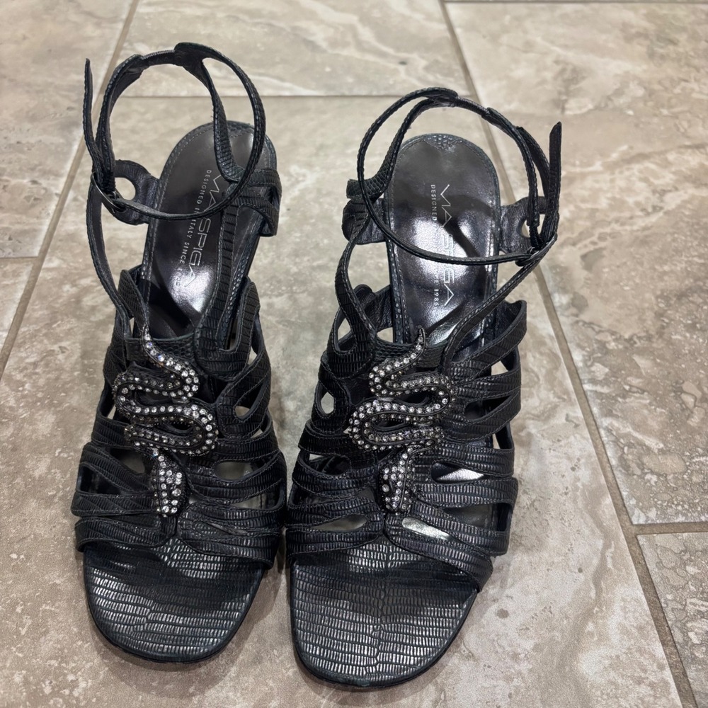 Via Spiga Signature Black Lizard Embossed Rhinestone Snake Stiletto Sandals 8.5M